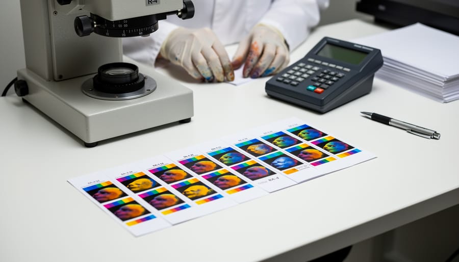 Hands holding color photographic test strip showing exposure variations
