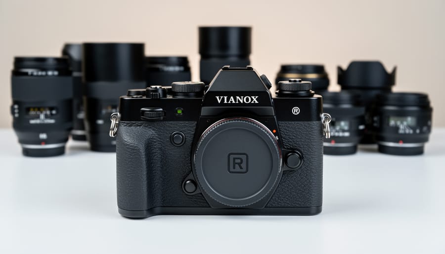 Close-up of registered trademark symbol engraved on professional camera lens