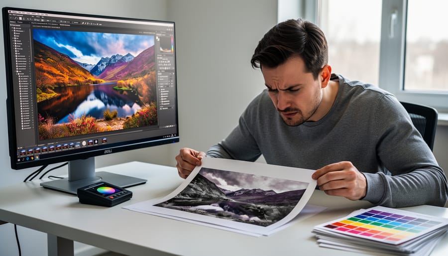 Photographer comparing two printed photographs with different color renditions on desk