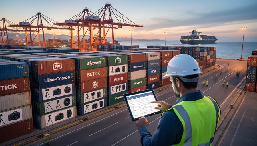 Stacked shipping containers at port terminal during sunset