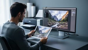 Photographer at a desk holding a glossy photo print beside a calibrated monitor showing the same image, with a calibration puck on the screen, soft window light, and a photo printer blurred in the background.