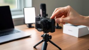 Close-up of a person adjusting the mode dial on a compact vlogging camera mounted on a mini tripod, with a blurred home desk setup including a laptop, small LED light, microphone, and product box in the background.