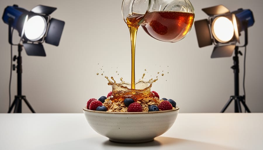 Strobe lighting setup capturing frozen motion of honey being poured onto food