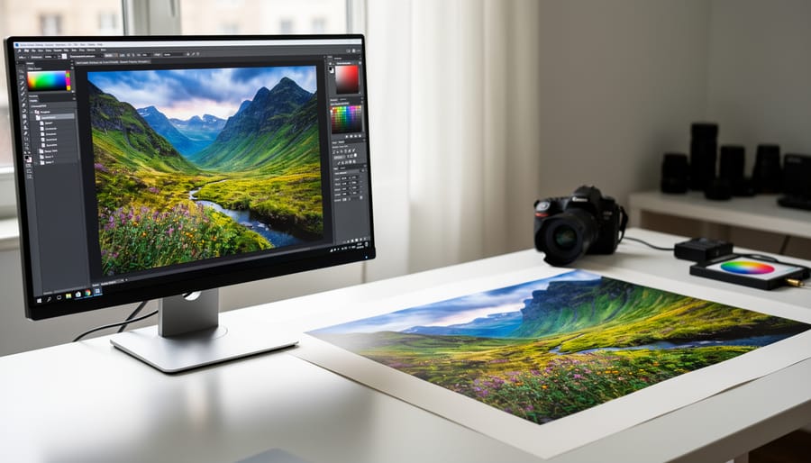 Photographer's workspace showing matching colors between calibrated monitor and finished print