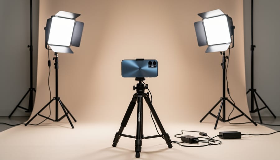 Two LED panel lights positioned on stands with smartphone mounted on tripod between them