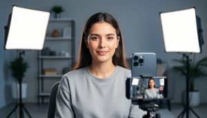Portrait subject lit by two LED panels—key at 45 degrees above eye level and softer fill opposite—showing a Rembrandt triangle on the cheek, with a tripod-mounted smartphone capturing the shot in a small home studio.