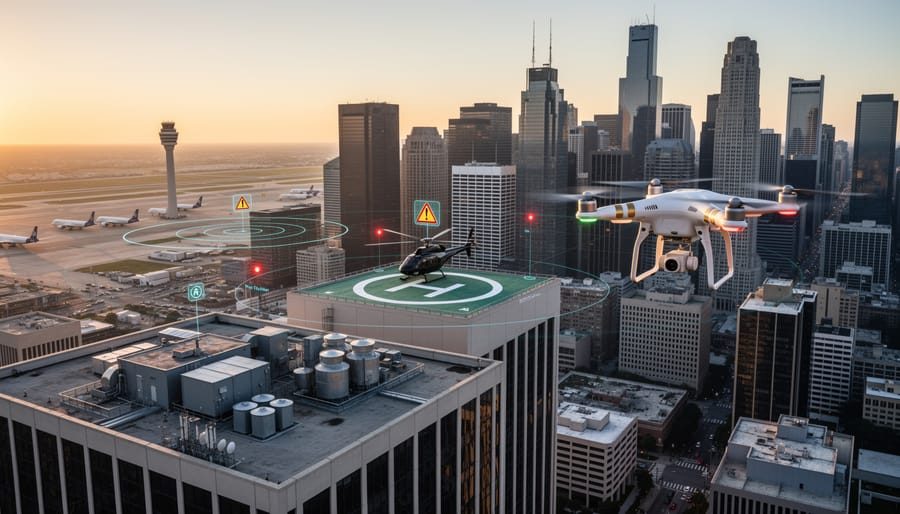 City skyline view from ground level showing urban drone photography location