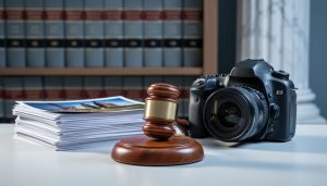 Still-life photo of a DSLR camera next to glossy photo prints and a wooden gavel on a desk, with blurred law books and a marble column in the background.