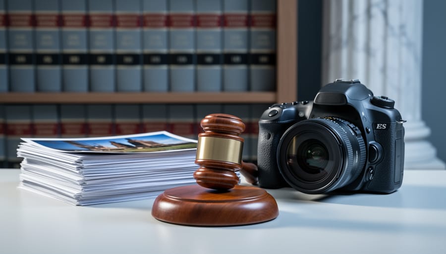 Still-life photo of a DSLR camera next to glossy photo prints and a wooden gavel on a desk, with blurred law books and a marble column in the background.