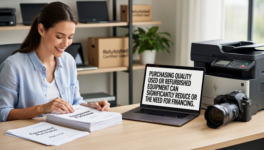 Photographer inspecting used camera equipment at camera store