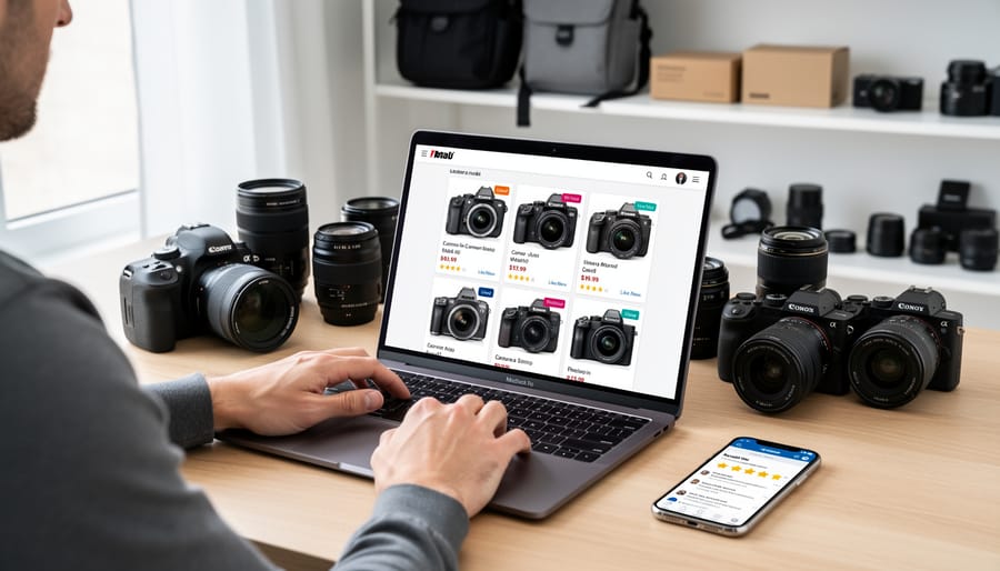 Overhead view of used camera equipment and lenses with smartphone showing marketplace app