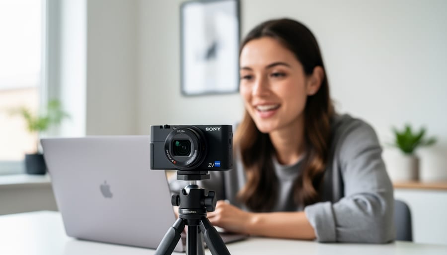 Content creator using Sony ZV-1 camera with blurred background bokeh effect visible