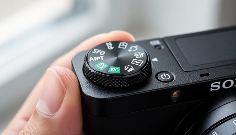 Close-up of Sony ZV-1 camera mode dial with finger adjusting settings