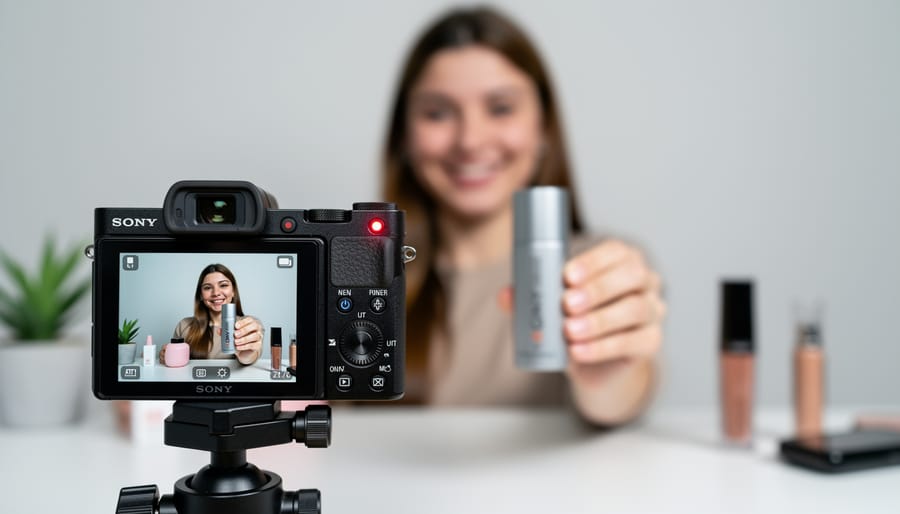 Finger pressing Product Showcase button on Sony ZV-1 camera during product demonstration