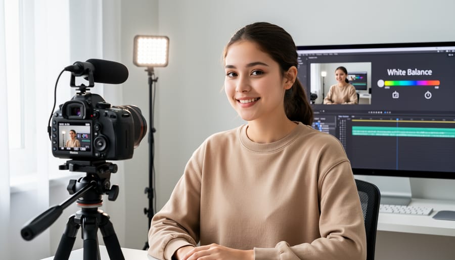 Sony ZV-1 camera with flip screen showing properly white-balanced video display