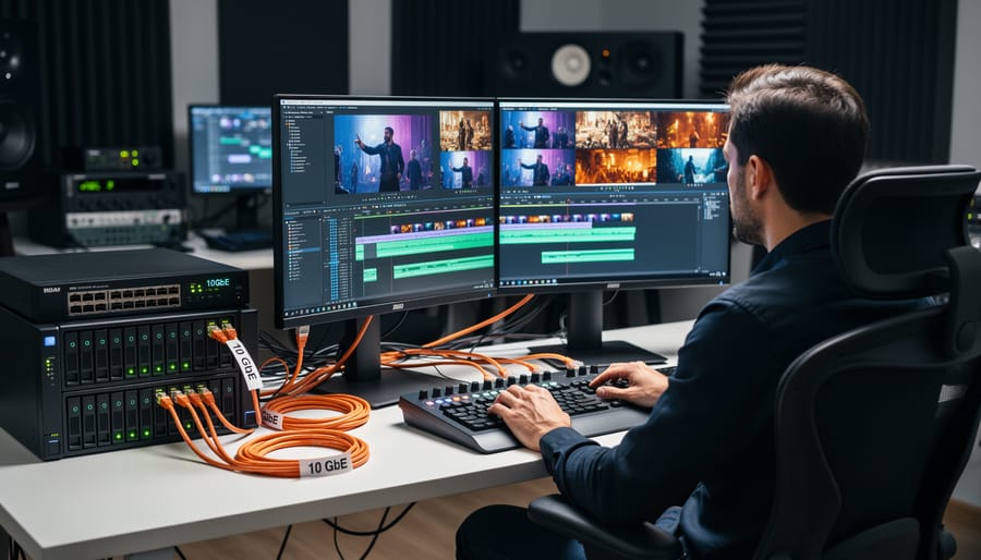 Close-up of 10 gigabit Ethernet cable connecting to network port on NAS server
