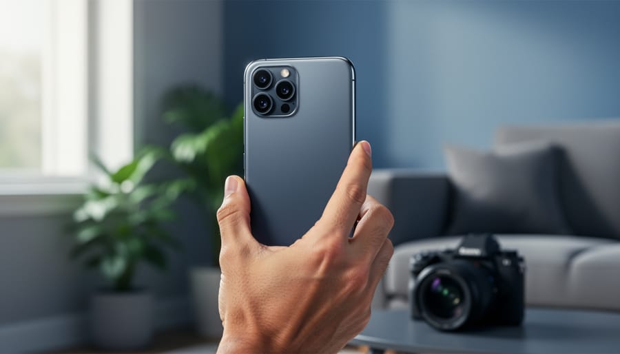 Close-up of a hand holding a flagship smartphone with triple-lens and LiDAR sensor aimed at a person in a softly lit living room, sharp focus on the camera module with blurred furniture and a mirrorless camera in the background.