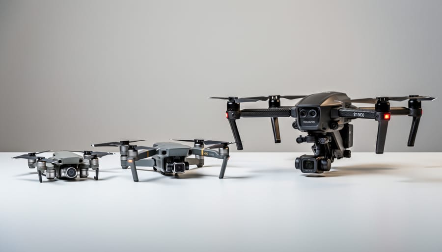 Three different 4K drones displayed on table showing range from budget to professional models