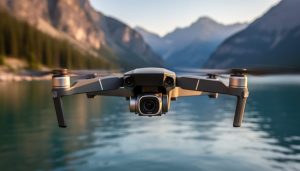Close-up of a modern camera drone in flight with a 3-axis gimbal at golden hour above a mountain lake, with a softly blurred shoreline and water in the background