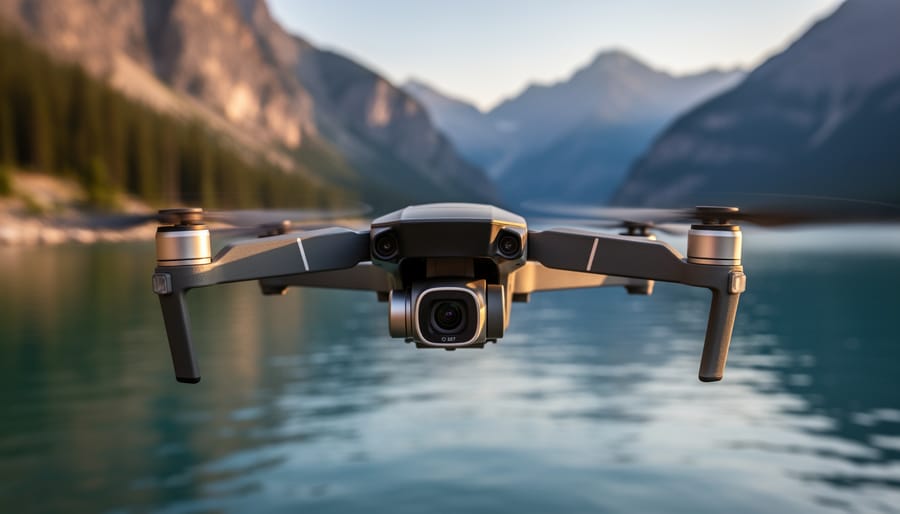 Close-up of a modern camera drone in flight with a 3-axis gimbal at golden hour above a mountain lake, with a softly blurred shoreline and water in the background