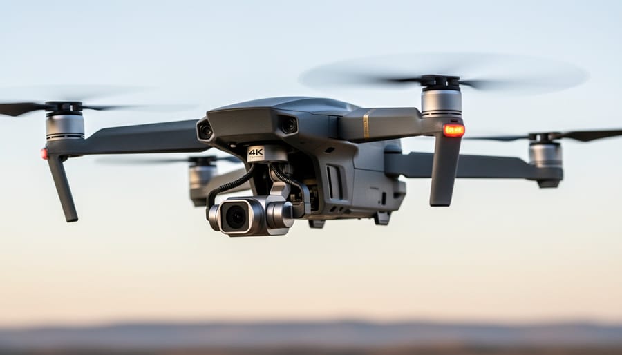 White 4K drone with camera gimbal hovering against blue sky background