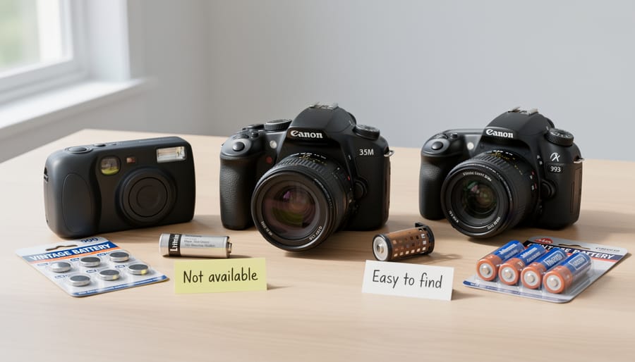 Various camera batteries including CR123A and 2CR5 types used in 90s film cameras