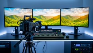 Cinema camera and three reference monitors in a grading suite showing matching landscape footage, with the grading console and equipment softly blurred in the background.