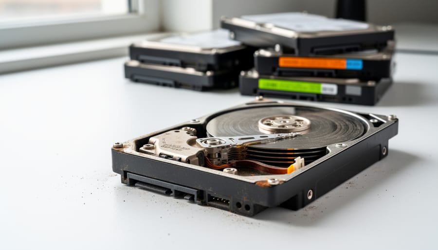 Stack of aging external hard drives with visible wear and warning indicator light