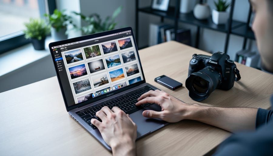 Photographer’s hands on a laptop sorting photos, with a DSLR camera and external SSD on a wood desk; soft side lighting and a blurred grid of image thumbnails on the screen with no visible text; shelves and a plant softly out of focus in the background.