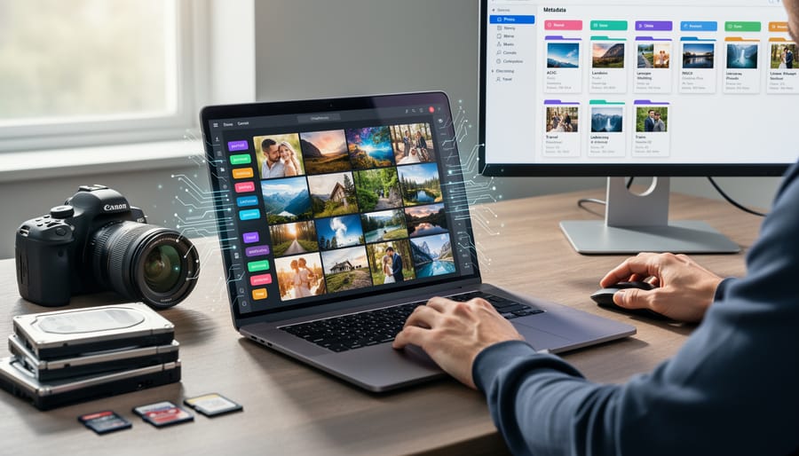 Laptop computer displaying photo editing software with organized image library