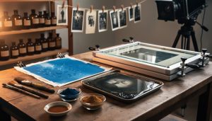 Overhead angled view of a wooden darkroom workbench with a drying cyan-blue cyanotype print, a wet collodion glass plate on a tray, brushes and pigments for gum bichromate, and a UV contact frame, lit by warm side sunlight; blurred background shows amber chemical bottles, hanging prints, and a large-format camera.