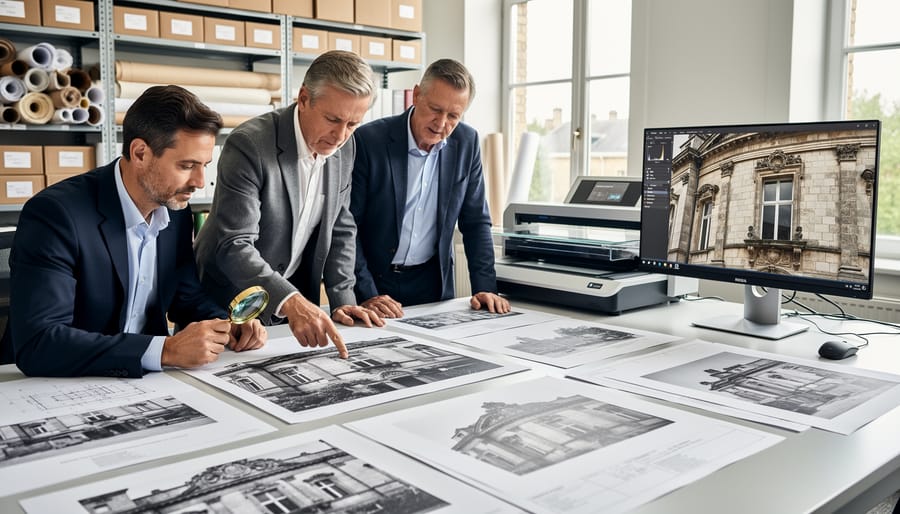 Conservation specialist examining vintage photograph with magnifying tool in archival setting
