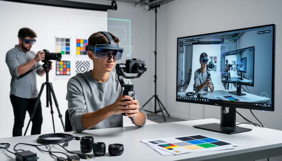 Person wearing AR headset interacting with augmented reality content in professional environment