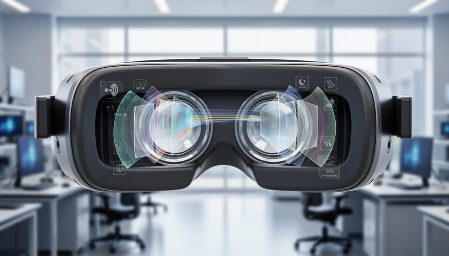 Close-up view of augmented reality headset optical components and lenses