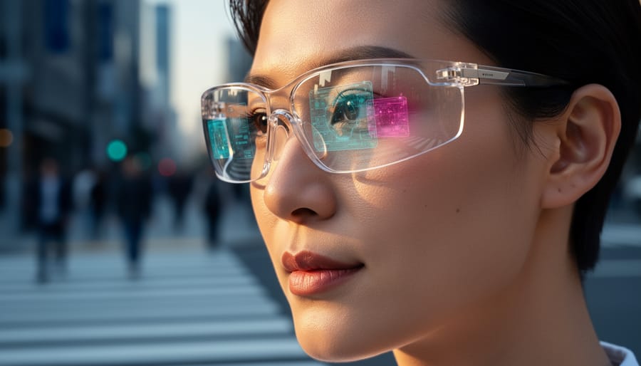 Close side view of transparent AR glasses with subtle waveguide reflections and a soft cyan-magenta hologram in the lens, set against a blurred urban street at golden hour.