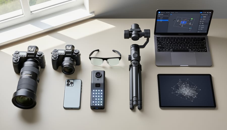 Collection of AR photography equipment including camera, lens, smartphone, and LiDAR scanner
