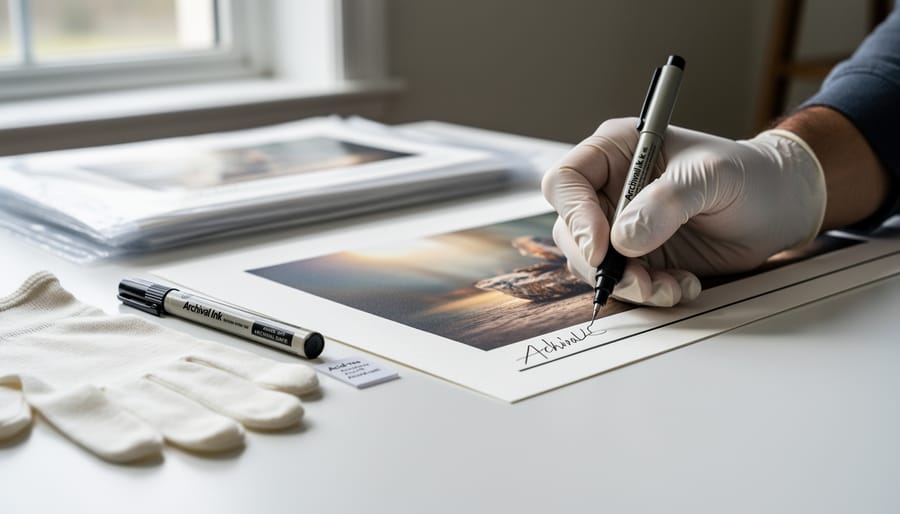 Overhead view of archival pens, pencils, and signing tools for fine art prints