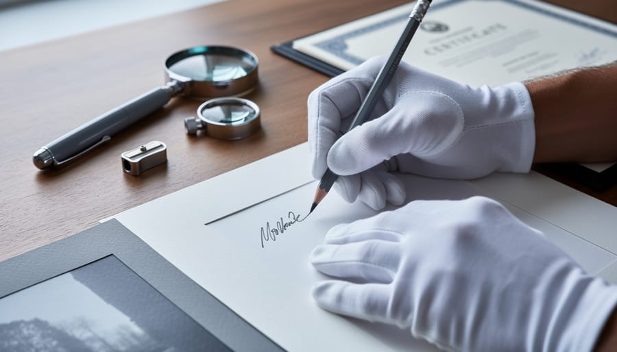 Gloved hands signing the bottom white margin of a fine art photographic print with a graphite pencil on a wooden table, with archival tools softly blurred in the background under natural light.