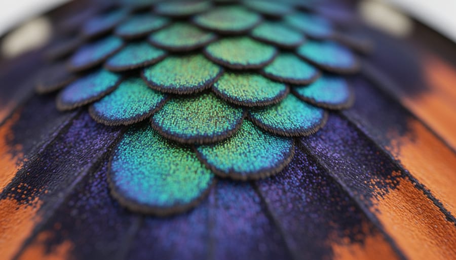 Extreme close-up of butterfly wing showing intricate iridescent scales and patterns