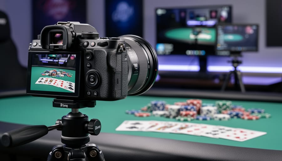 Close-up of mirrorless camera focusing on playing cards during casino streaming