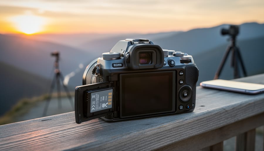 Close-up of a mirrorless camera at sunset with the battery partially ejected from the open compartment on a wooden railing, with a blurred tripod and smartphone in the background.
