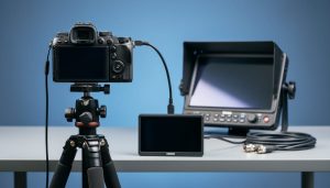 Mirrorless camera on tripod connected via HDMI to a compact field monitor, with a rugged SDI broadcast monitor and coiled BNC cable softly blurred on a desk in the background under studio lighting.