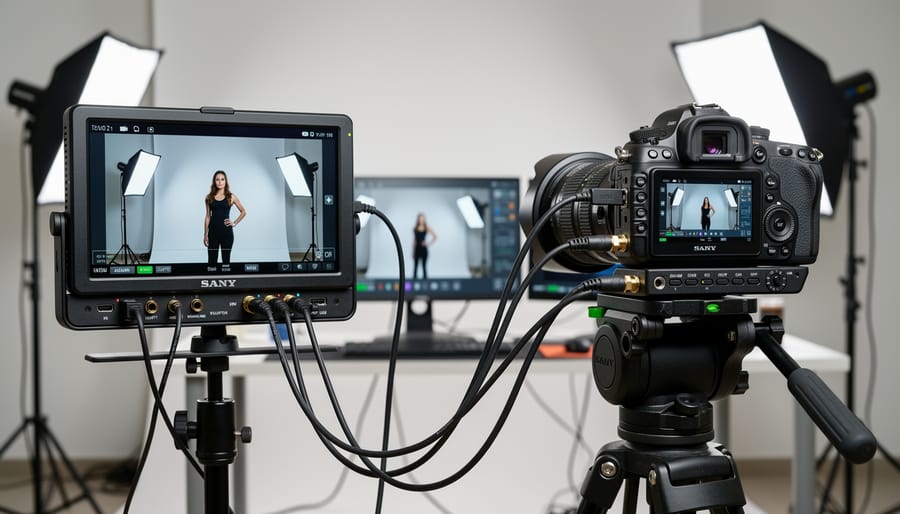 Professional camera with external monitor mounted showing HDMI connection