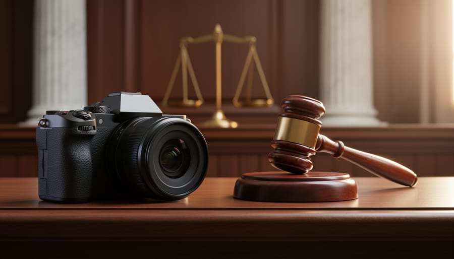 Eye-level close-up of an unbranded mirrorless camera next to a judge’s gavel on a polished courtroom bench, with blurred wood paneling, marble columns, and brass scales of justice in the background under dramatic side lighting
