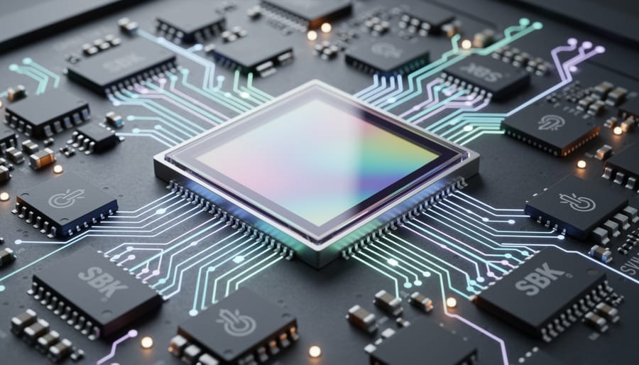 Close-up of camera image sensor and processing chip components