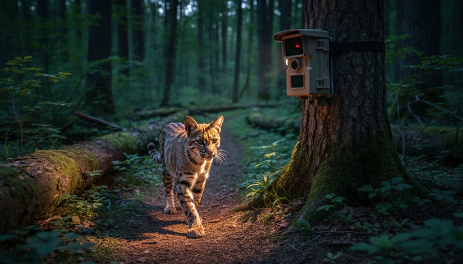 Camera trap mounted on tree trunk in dense tropical forest for remote wildlife monitoring