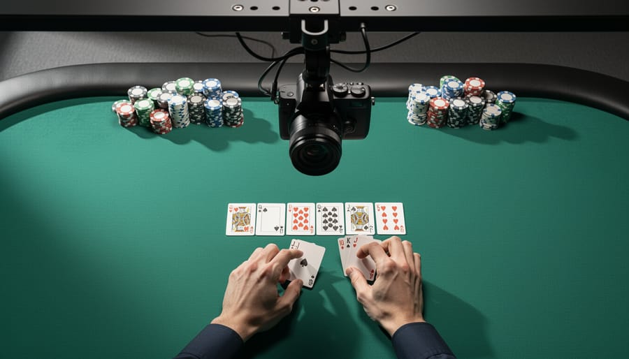 Overhead view of casino streaming setup with cards, chips, and camera equipment