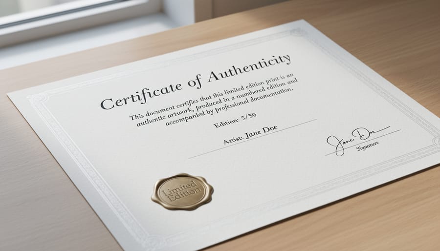Certificate of authenticity document displayed alongside a matted fine art photograph