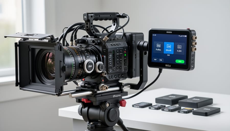 Professional cinema camera with external recorder for RAW video capture