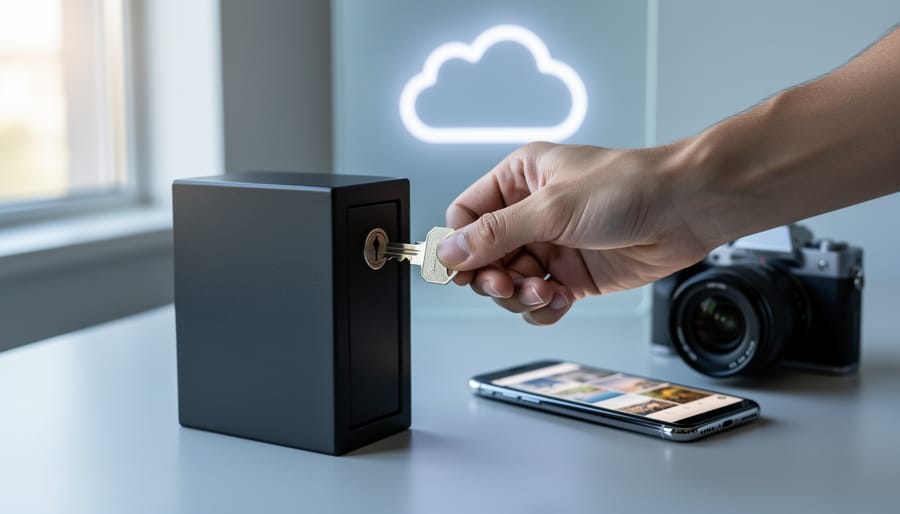 Hand turning a key in a small lockbox on a desk beside a smartphone showing blurred photo thumbnails and a mirrorless camera, with a cloud-shaped light silhouette in a frosted window behind.